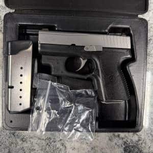 KAHR PM9 9MM 3.1" 6/7+1 2-MAGS ORIGINAL CASE CRIMSON TRACE LASER 2-HOLSTERS STAINLESS/BLACK USED VC2733