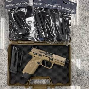 FN 502 TACTICAL 22LR 4.6" THREADED 10/15+1 5-MAGS STAINLESS GUIDE ROD ORIGINAL CASE FDE USED LR093816