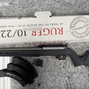 RUGER 10/22 19" 22LR 60TH ANNIVERSARY RIFLE 4-MAGS FRANKLIN ARMORY BINARY TRIGGER ORIGINAL BOX GRAY/STAINLESS USED R60-04619